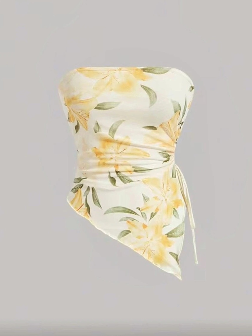 Yellow Floral Drawstring Side Asymmetrical Hem Mesh Tube Top